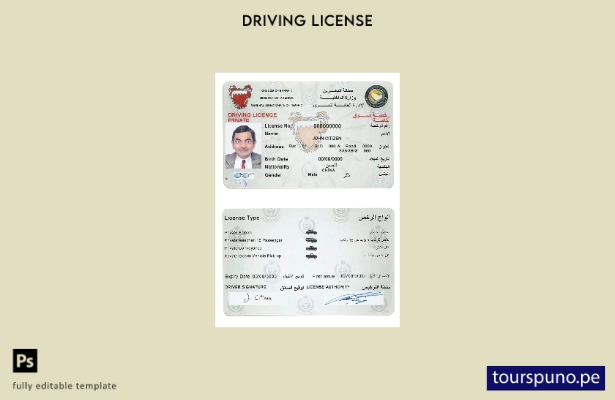 Plantilla de licencia de conducir de Bahrein lista para imprimir